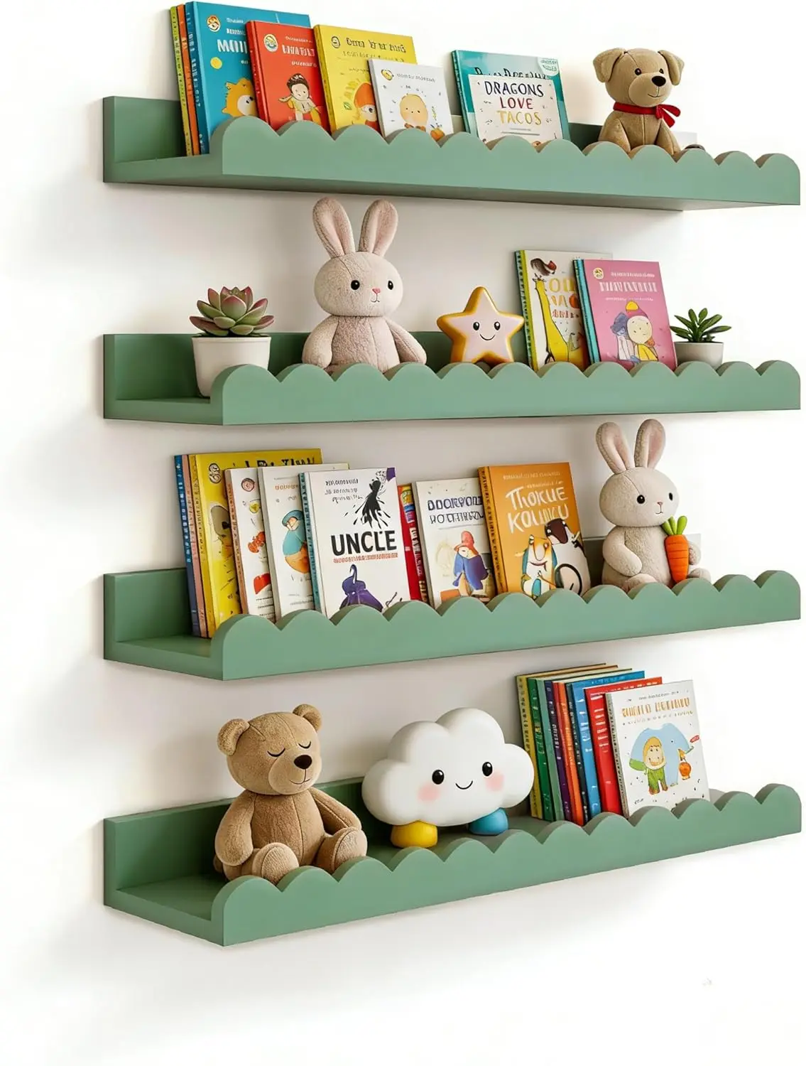 

Wall Book Shelves for Nursery, Floating Kids' Shelf Set of 4, Solid Wood, 16 Inch, Sage
