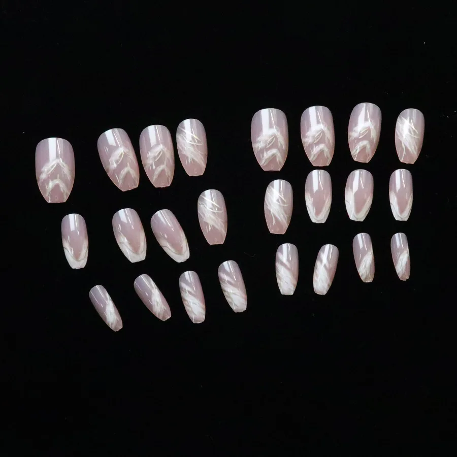 24 pçs simples branco mancha francês curto caixão unhas falsas com cola aurora linhas de pó quadrado unhas falsas para mulher destacável