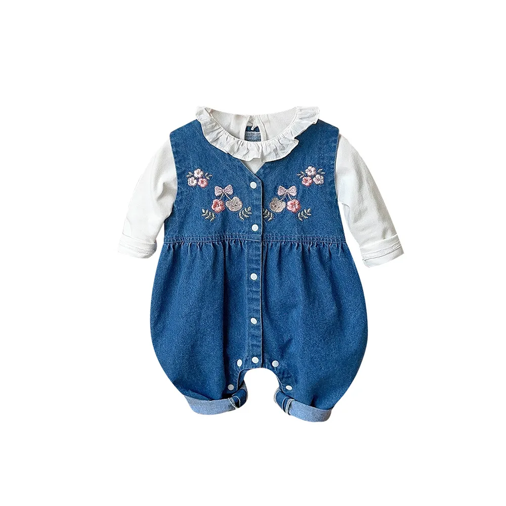 2024 spring new in kids baby girls cute clothing set 2pcs infant solid color ruched top shirts+embroidery flower overalls romper