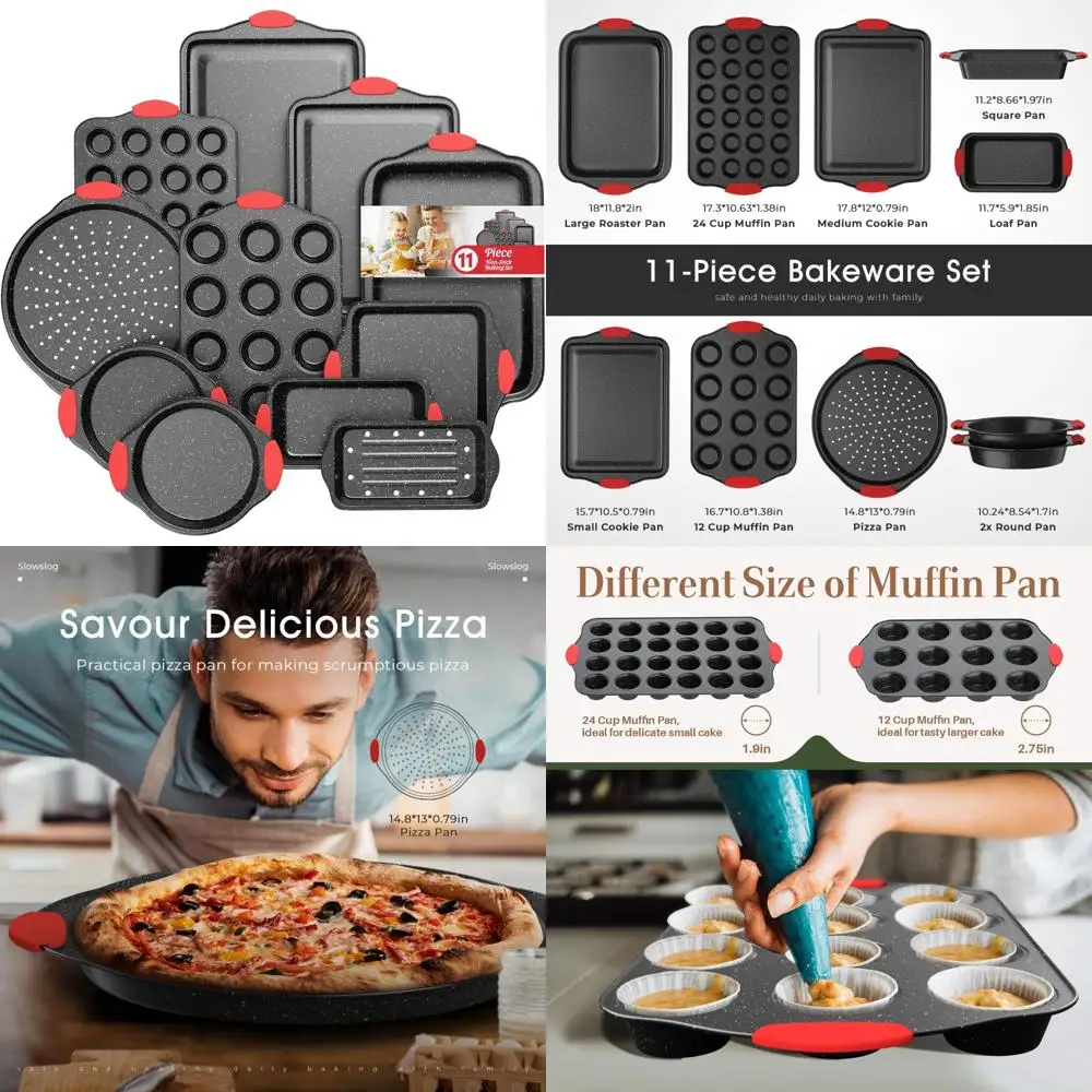 

"11-Piece Nonstick Stackable Baking Pans Set - Toxin-Free, Silicone Handled Bakeware with Cookie Sheet"
