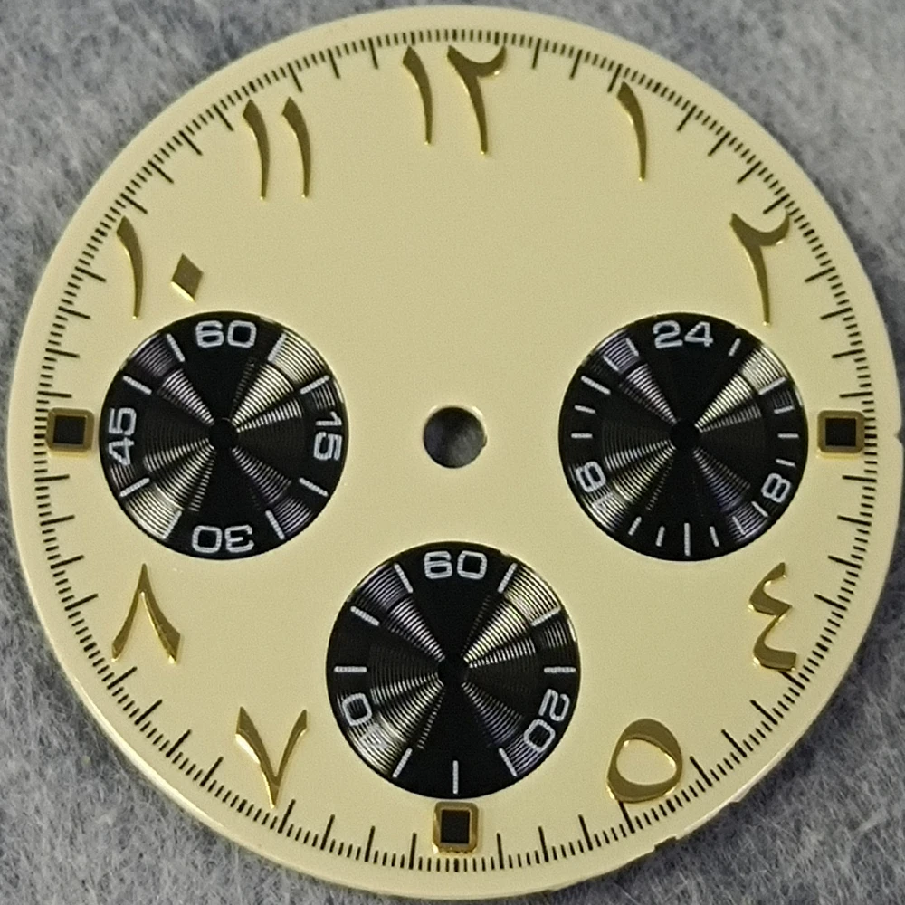 29.5mm VK63 Dial with Golden Arabic Numerals for Quartz Movement Chronograph Face 6 Hands Watch Parts Fit for 39mm Watch Cases