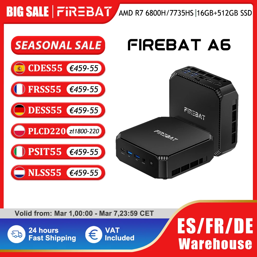 FIREBAT A6, Mini PC de Última Generación, AMD Ryzen 7 6800H/7735HS, 16GB RAM DDR5, 512GB SSD, WIFI6, BT5.2, Computadora de Escritorio Portátil