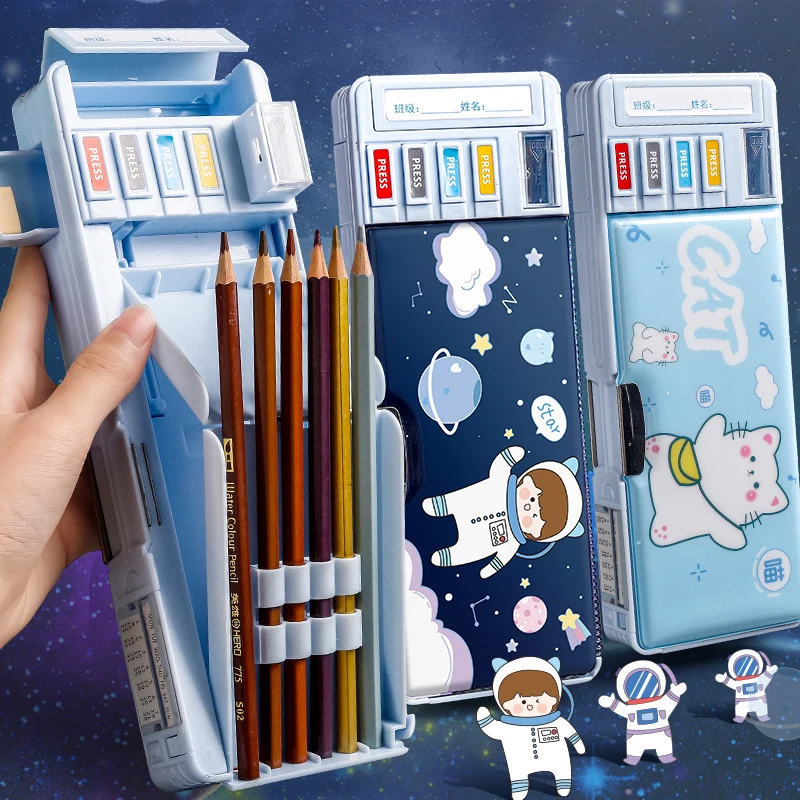 Mechanical Deformable Cute Cartoon Pencil Case With Pen Insert Multifunctional Key Switch Plastic Stationery Storage Box
