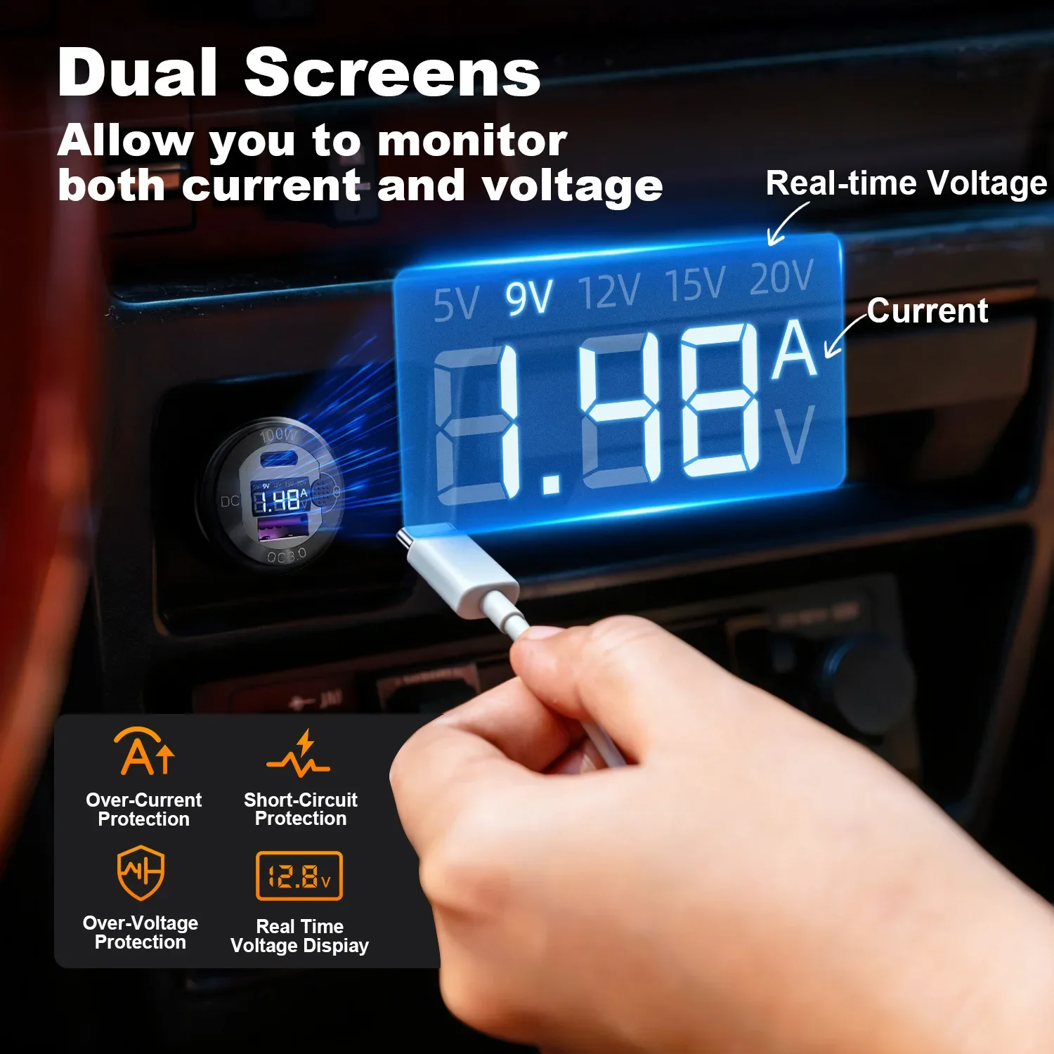 12V USB-Ausgang Aluminium-Autoladegerät PD3.0-Anschluss für Laptops Schnellladung 3.0 USB-Anschluss Wasserdicht mit Voltmeter für Wohnmobil, Boot, Bus – Detail 11