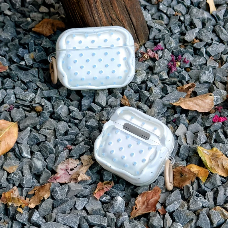 Cute Wavy Edge White TPU Earphone Case With Light Blue Polka Dots For Airpods Pro, Pro2, Pro3, 1, 2, 3, 4, 5