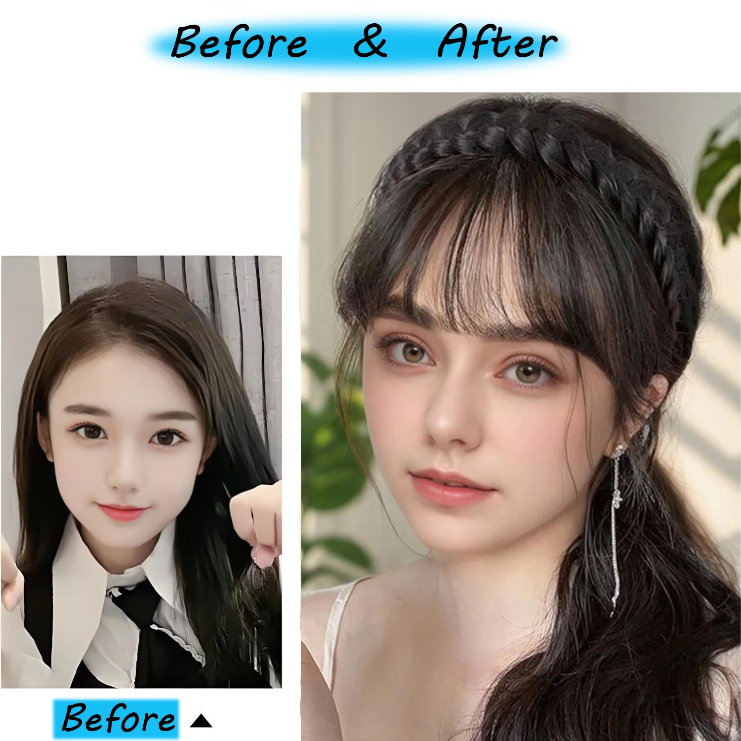 Grzywka z plecioną opaską do włosów, syntetyczne doczepy na klips, eleganckie do codziennego użytku.