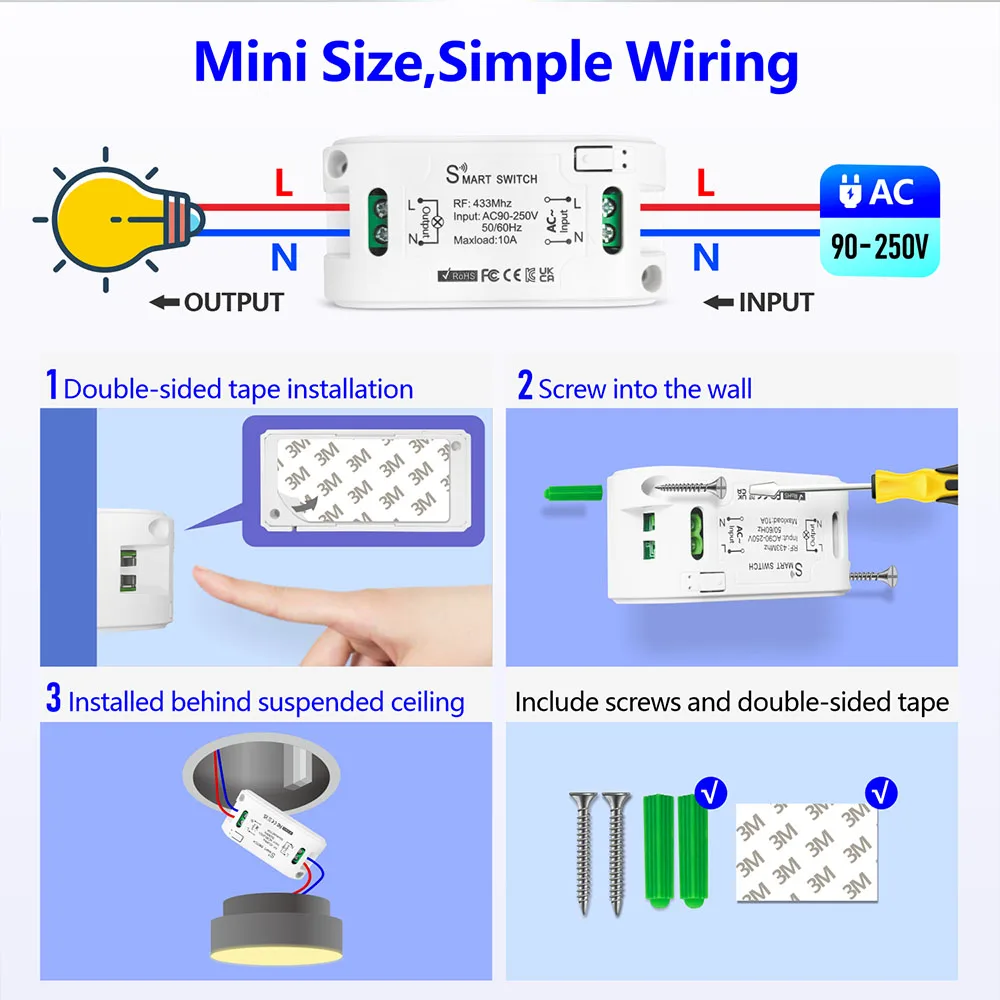 RF 433 Mhz Universal Wireless Remote Control 433 Mhz Switch 110V 220V 230V 10A Relay Mini Receiver Remote Control for Gate Light