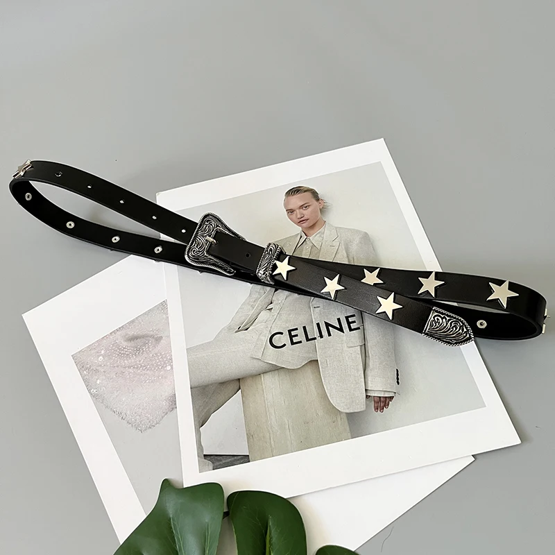 Cowskin Belt Vintage Carved Star Buckle Cow Leather Belt with Shiny Star Rivet for Fashion belts for women luxury designer brand