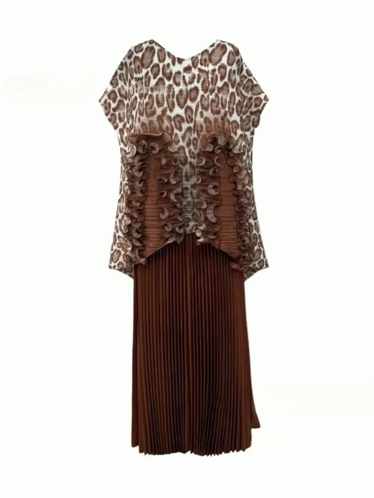 Miyake Fold Summer New Leopard Print Fashion Temperament Printing Two-piece Loose Suit Factory Direct Supply