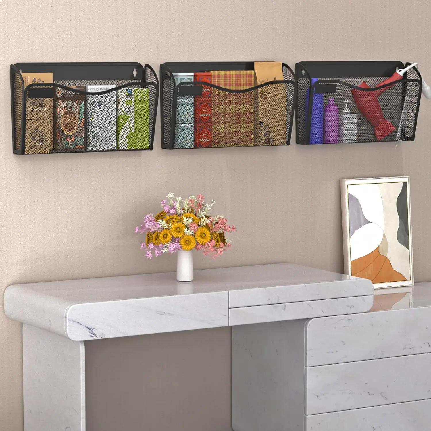 Mesh Wall File Organizer with 6 Pockets, Home Office Storage Solution for Documents and Magazines