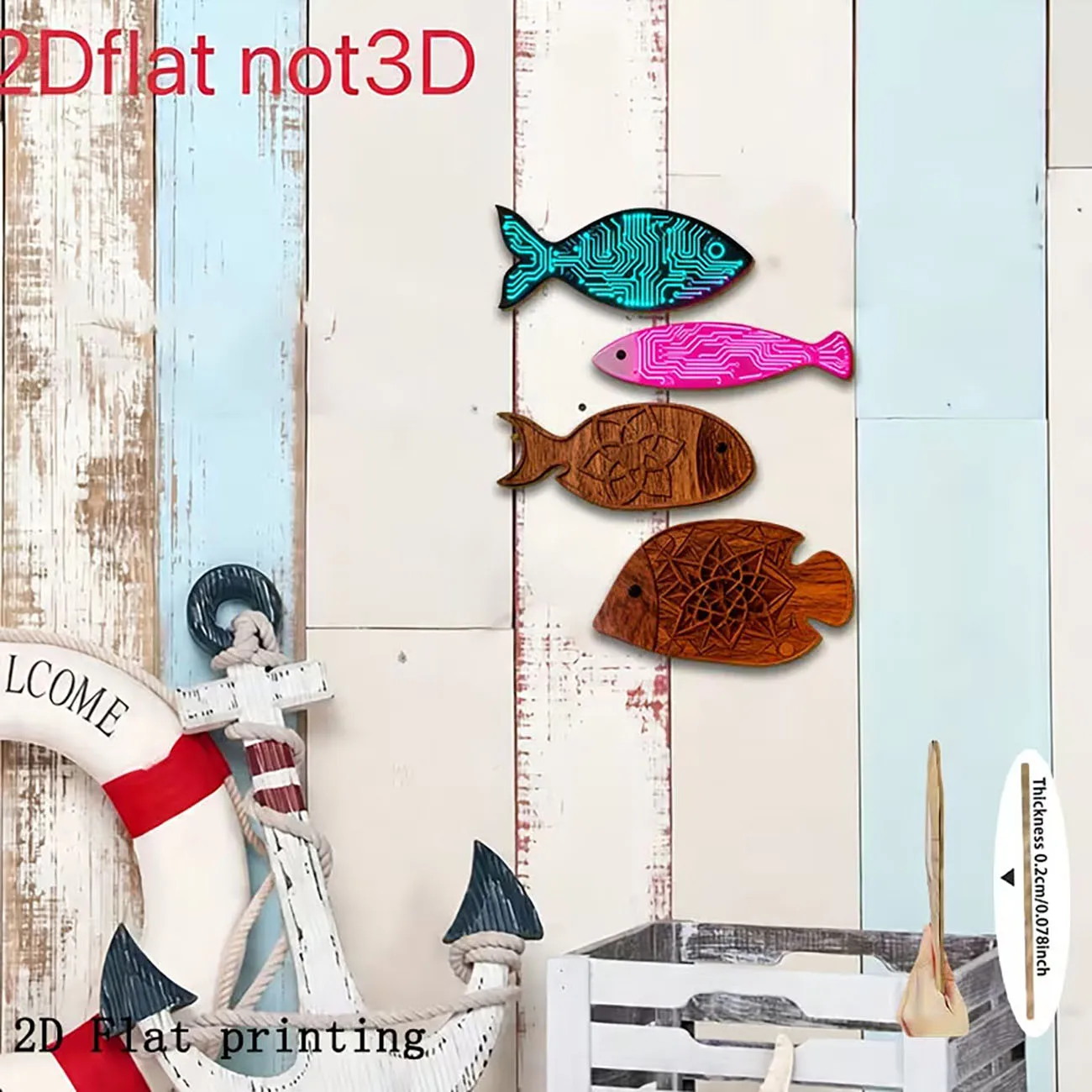Wooden Fish Wall Decor 2D Flat Print Marine Style Wall Art for Home Bedroom Living Room Decoration