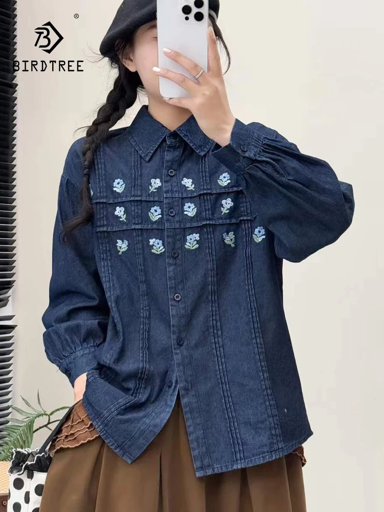 

Новинка 2025, осенняя джинсовая рубашка с длинными рукавами, женская отложной воротник с цветочной вышивкой, французская милая свободная блузка Mori Girl T59950CC