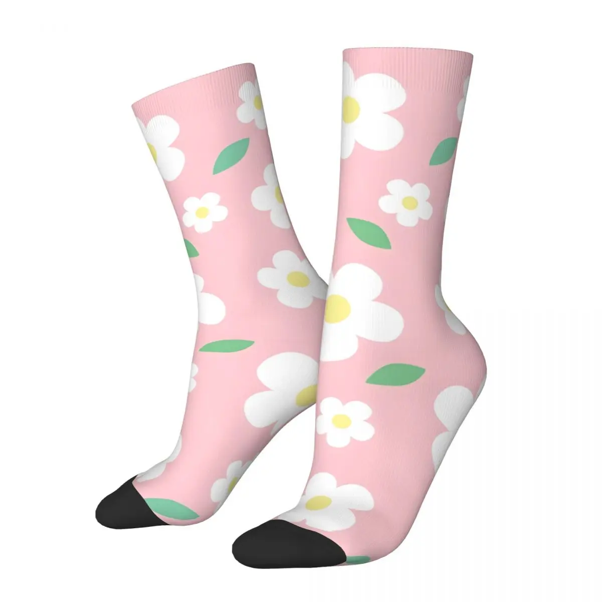 White Flower Pastel Pink Kawaii Cute Cottagecore Aesthetic Men's Socks Vintage Harajuku Street Style Novelty Pattern Crew Sock