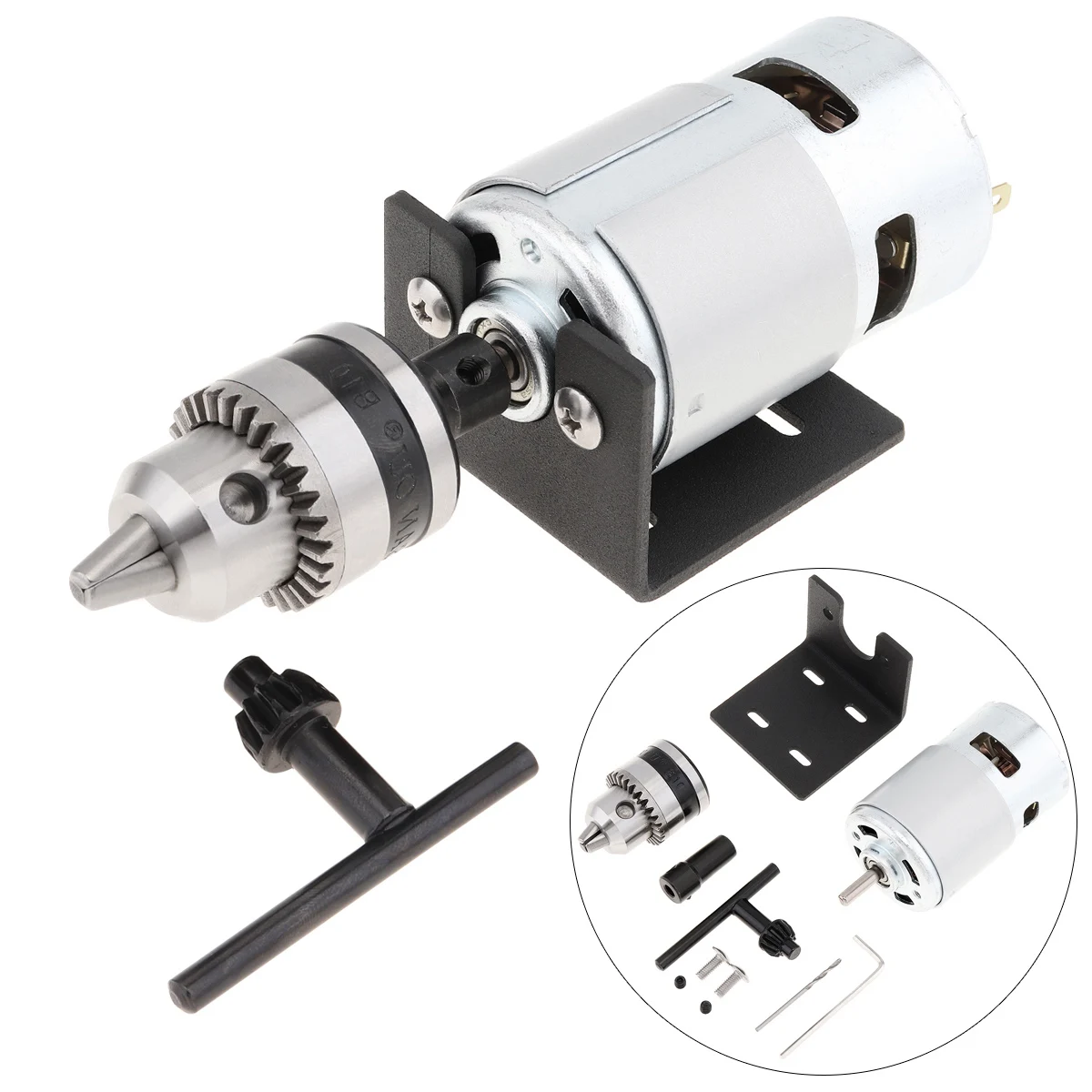 DC12V Electric Motor 5A -24V 3A Power Supply 3.175mm Round Shaft Lathe Press Motor with Drill Chuck and Mounting Bracket