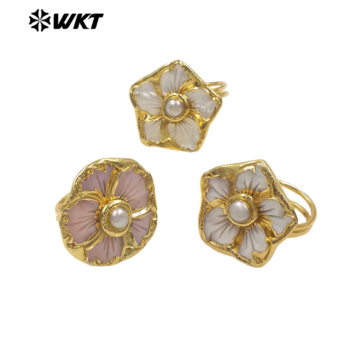 WT-MPR148 2025 Classic Natural Shell Pearl Flower Shape Ring With Real Gold Plated For Women Birthday Gifts