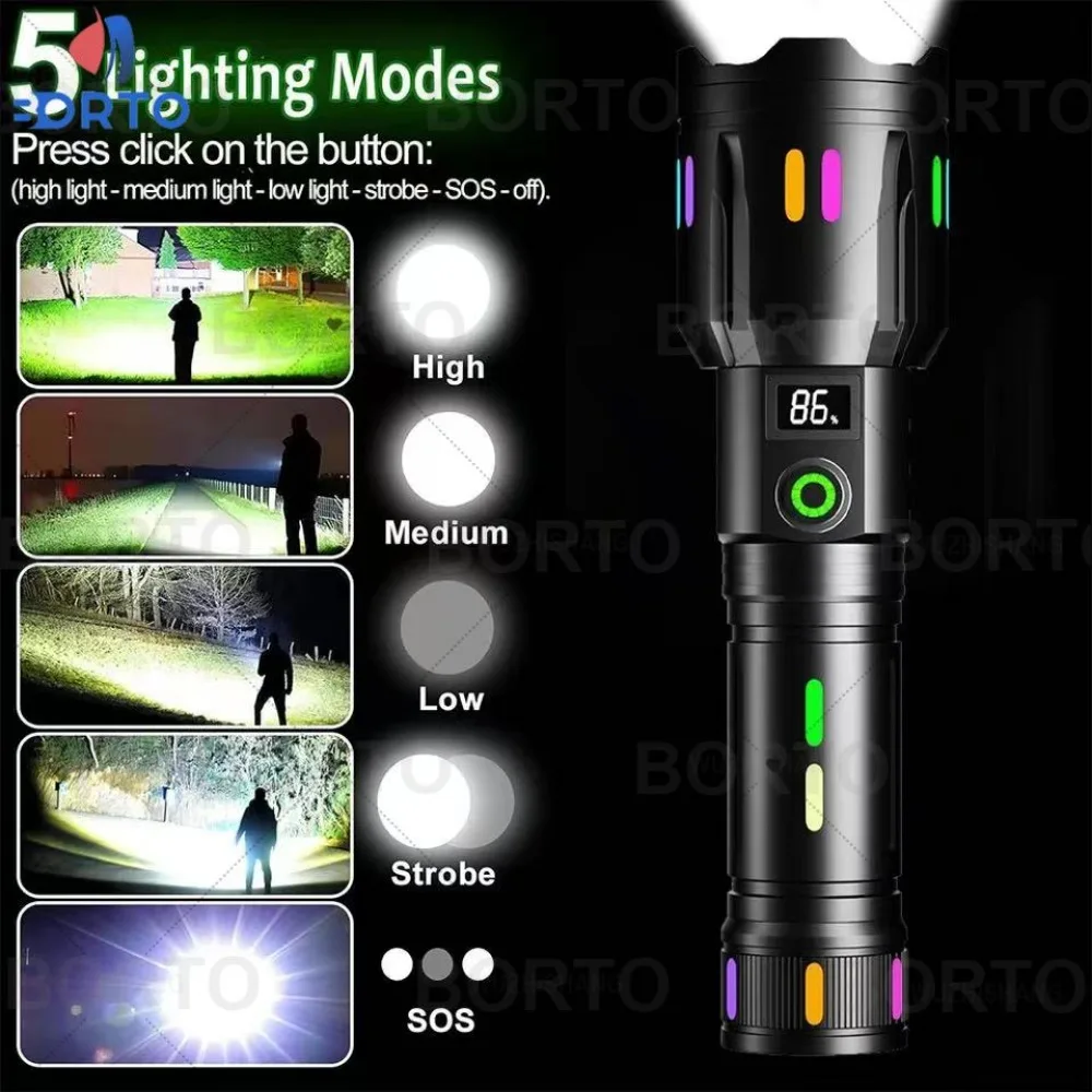 26650 Powerful Super Strong Tactical Flashlight Rechargeable Head Laser LED Light Torch Gun With USB Charging Camping Self-Defen