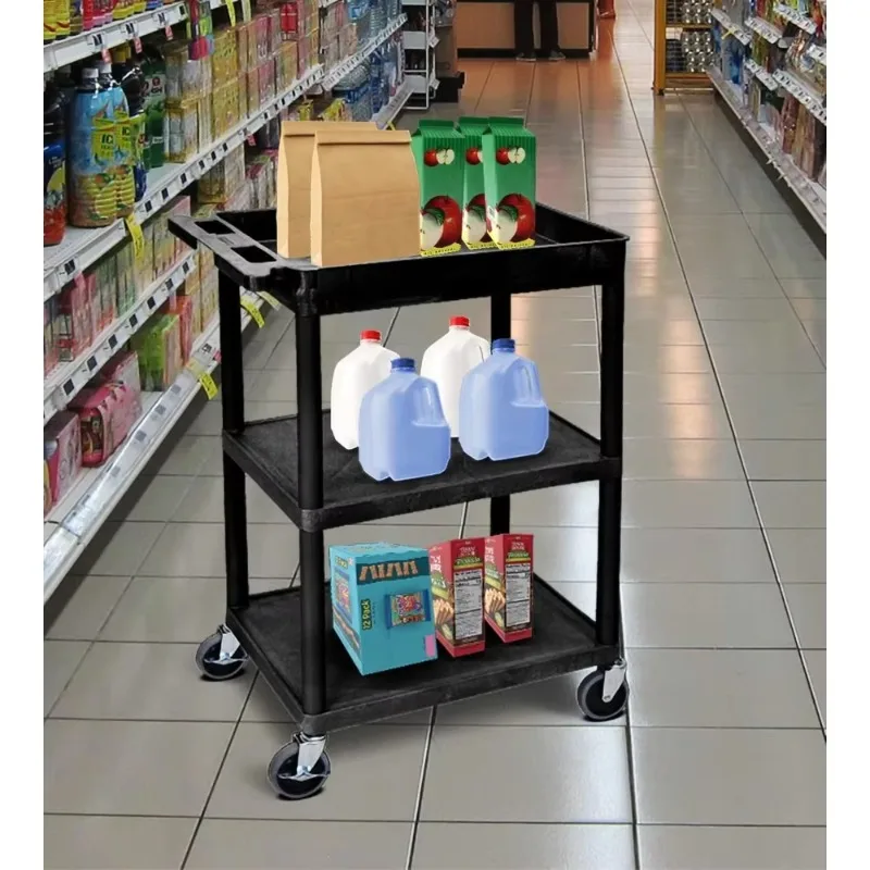 

Flat middle/bottom shelf cart, multifunctional PVC leg cart with three layers of shelves&locking brake, ergonomic push handle