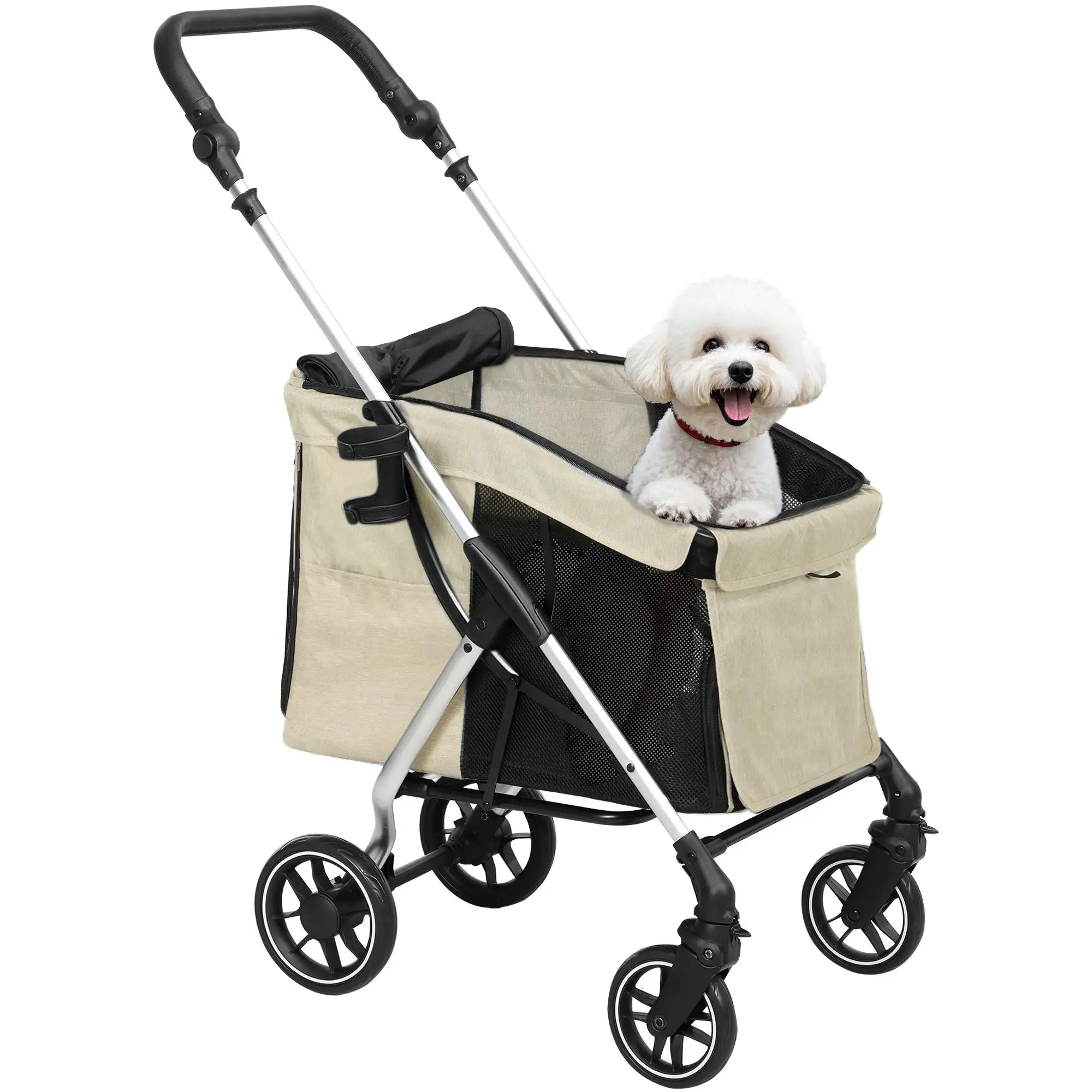 Chariot pour chiens facilement pliable pour petits chiens (jusqu'à 10 kg) avec fenêtres en filet, tapis lavable, kaki