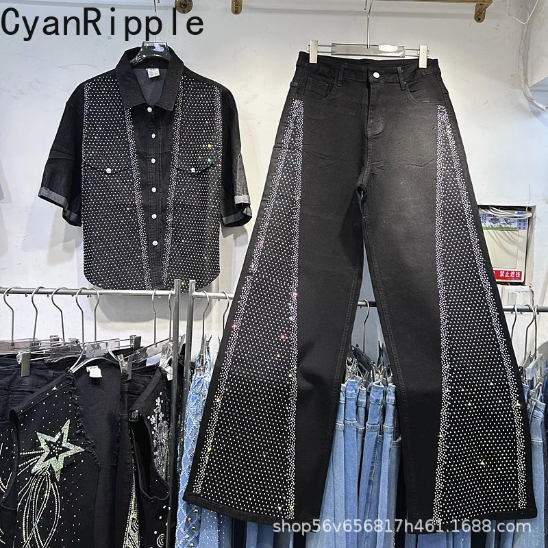 

Fashion Lady Two-piece Set New Spring Shiny Hot Diamonds Short Sleeve Denim Shirt Top + High Waist Black Wide Leg Straight Jeans