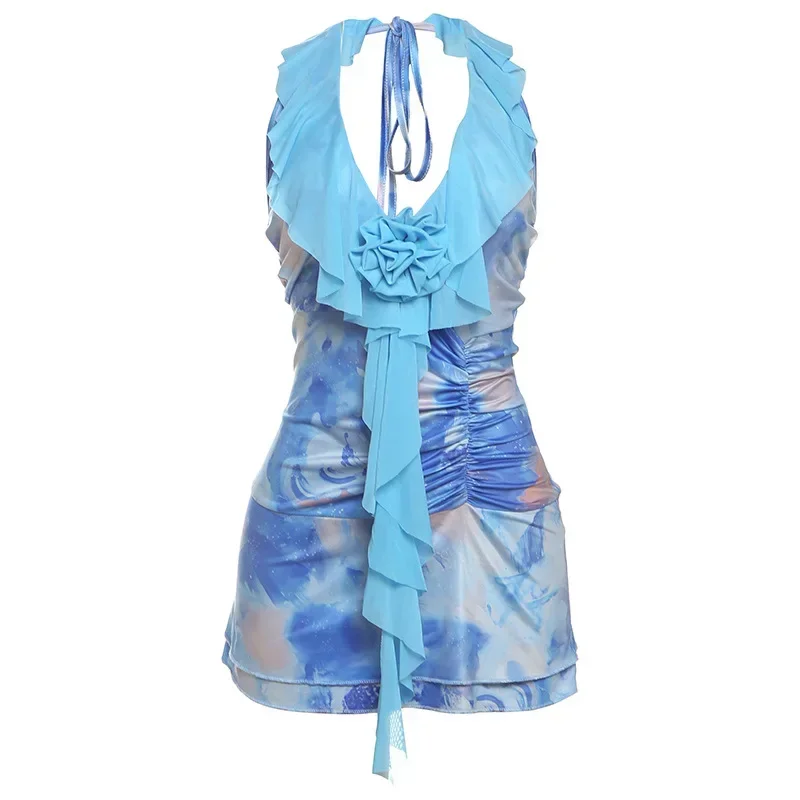 Robe imprimée Tie-Dye pour femmes, à lacets, col licou, volants, Patchwork, col bas, dos nu, vacances, plage, fête, froncée, Mini moulante