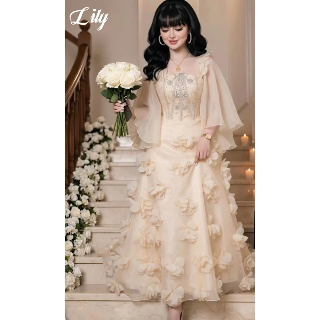 

Lily Soft Beige Prom Dress Crystal Beaded Evening Dress with 3D Floral Skirt Flowy Cape Sleeve Formal Party Dresses Customized