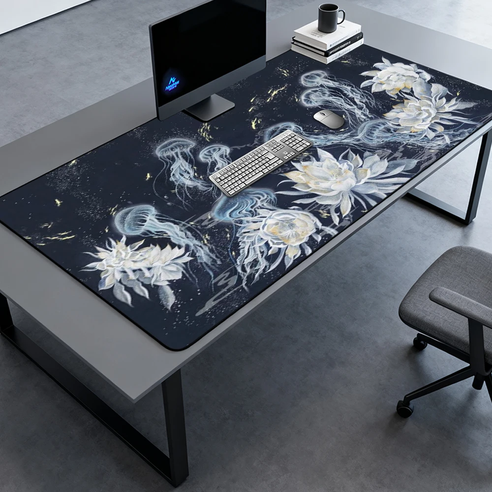 Oceanic Floral Mouse Pad Large Gaming Pc Gamer Extended Desk Mat 160x60 Jellyfish Lotus White Accessories Full Desk Mousepad
