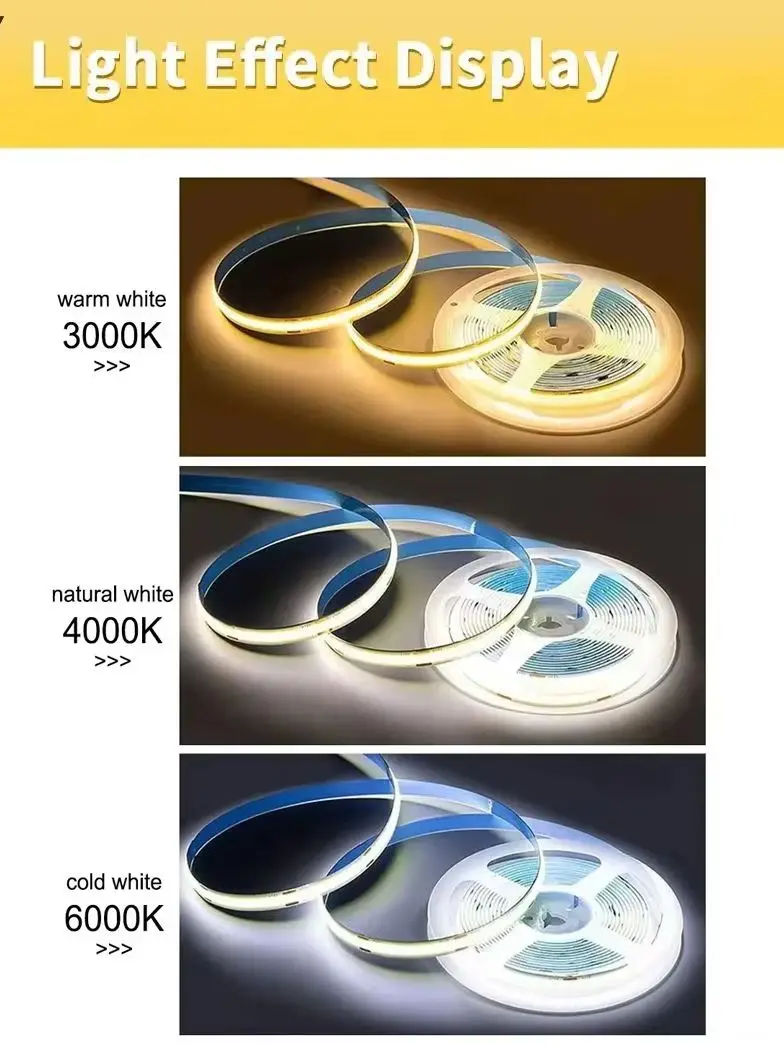 LQHZMYY COB LED-Lichtstreifen 12V 5m selbstklebend, Lichtfarbe Weiß 3000K, 320 LEDs/Meter, biegbar und zuschneidbar, Breite 8mm, geeignet für Schlafzimmer, Wohnzimmer, Schrank, Party (Netzteil nicht