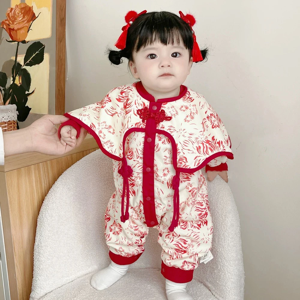 2024NEW Chinese Traditional Costume Hanfu For Newborn Baby Girls Red Floral New Year Romper Birthday Gift Christmas