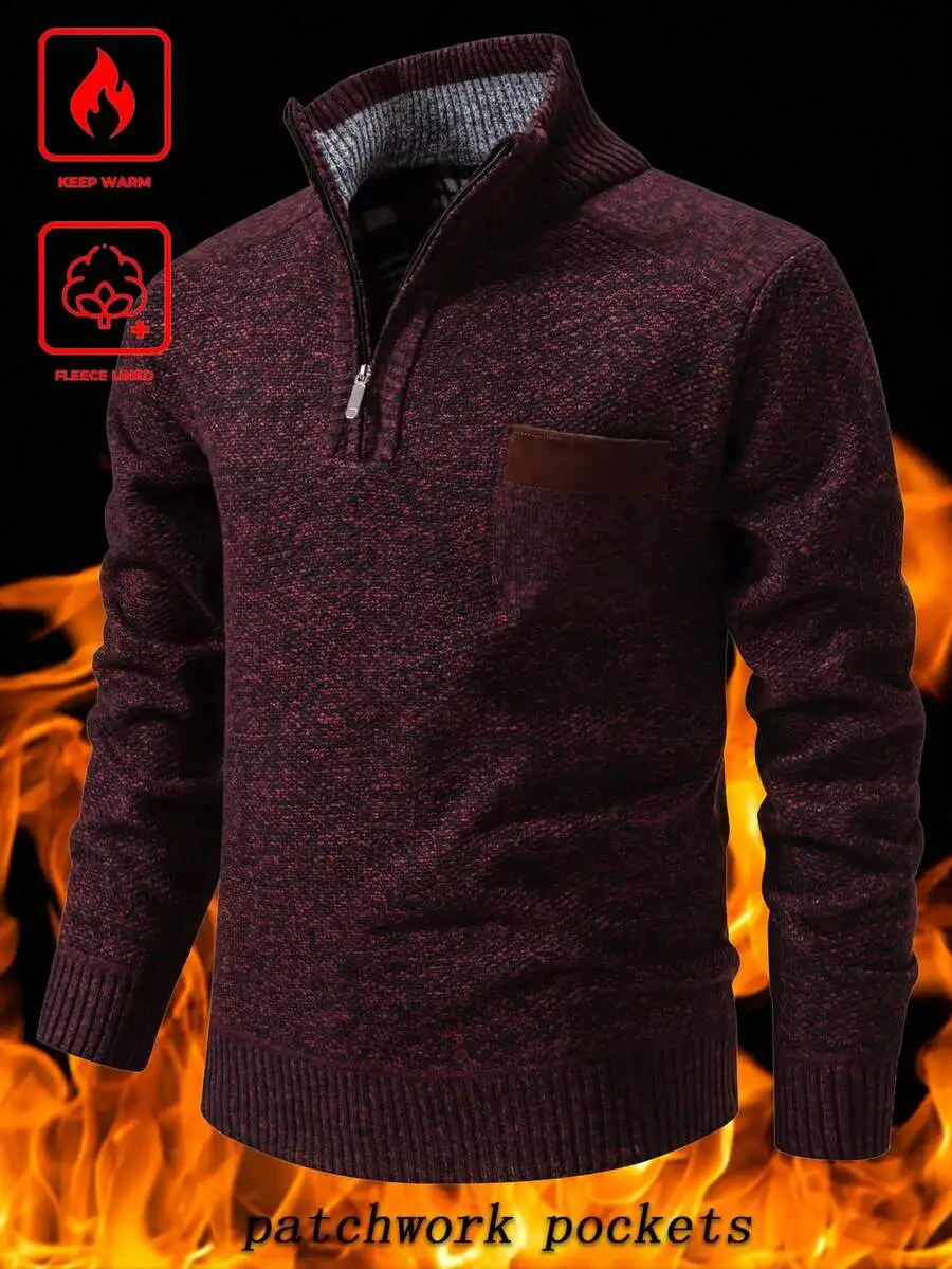 

Men's Half-Zip Thermal-Lined Sweater with Patch Pocket, Casual Winter Wear