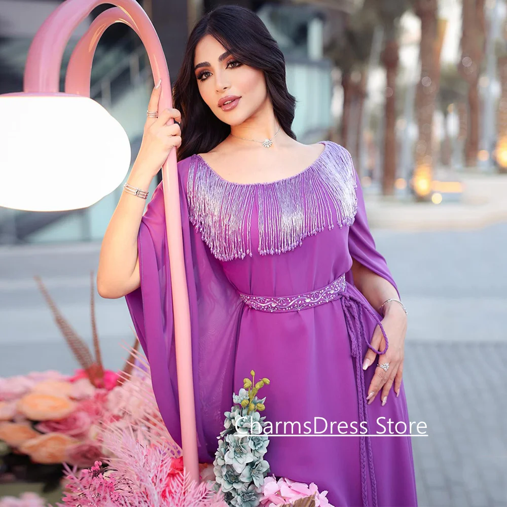 Suknia wieczorowa Arabia Saudyjska szyta na miarę, dekolt okrągły, długie rękawy, luksusowe koraliki, cekiny, szyfonowa letnia suknia na wesele/imprezę.