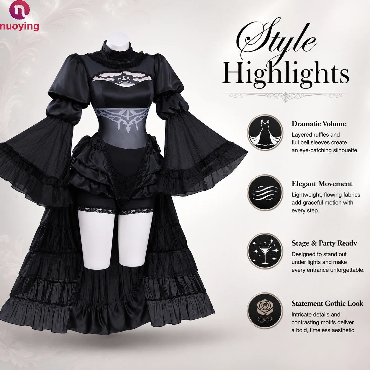 Kit de déguisement pour fête à thème pour femmes, robe de cosplay élégante noire avec perruque synthétique tendance, tenue idéale pour Halloween, carnaval, photos et spectacles