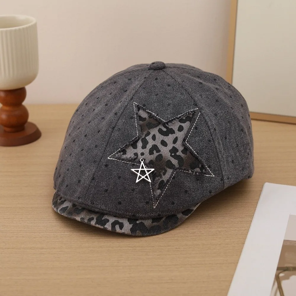 Unisex-Beret mit Stern- und Leopardenmuster, verstellbare Retro-Newsboy-Mütze, Y2K-Baseballkappe mit Polka-Dot-Muster, weiche Baseballmütze für die Arbeit – Detail 6