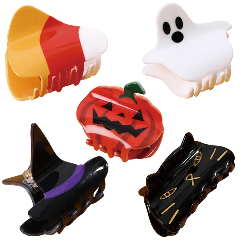 ncmama Halloween Hair Claw Clips For Women Girls Cute Cat Pumpkin Ghost Witch Hat Hair Crab Clamp Lady Headwear Hair Accessories