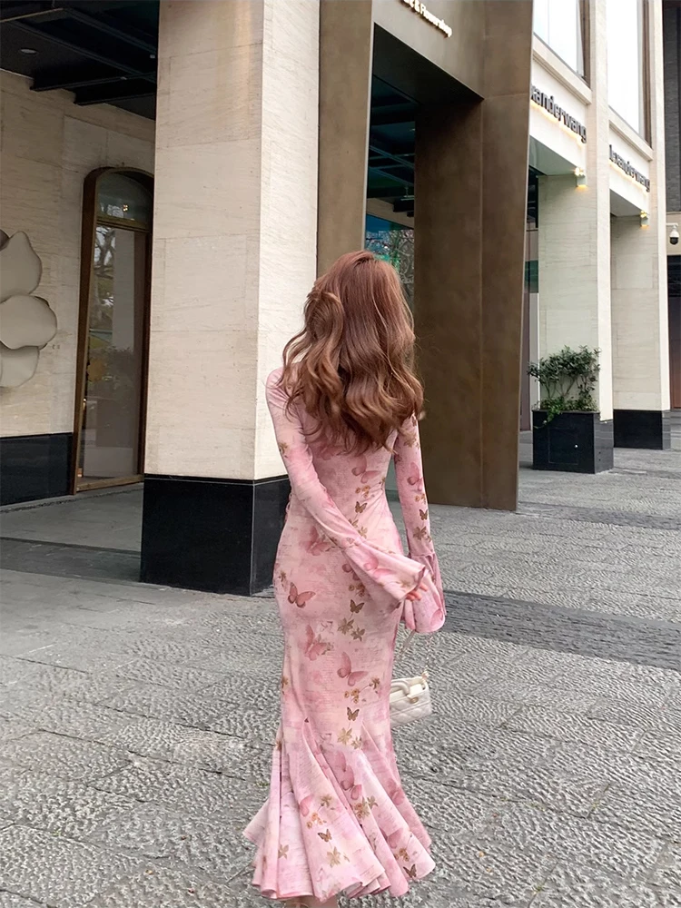 Elegant Mermaid Flare Sleeve Long Dresses 2-piece Set Vintage Sexy Pink Print Evening Club Robe Women Spring Summer Vestidos