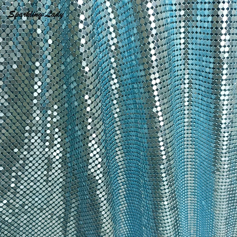 3MM Fashion Chainmail Fabrics Bling Luxury Light Blue Metallic Sequin Mesh Fabric for Women Garment Bags Party Decoration