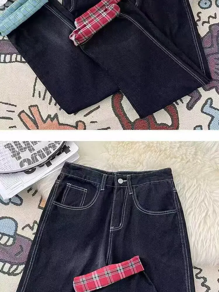 Calças Jeans Americanas com Estampa Xadrez e Detalhes em Denim, Corte Solto, Cintura Alta, para Homens e Mulheres, Estilo Vin...