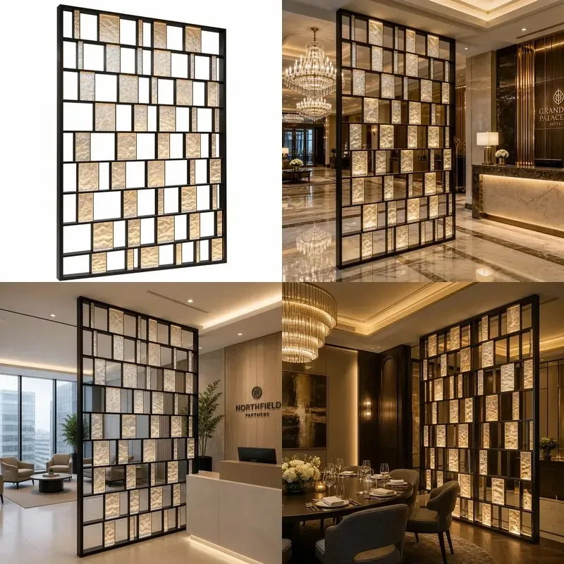 Black metal mesh screen partition backlight texture glass panel room partition panel custom for hotel lobby