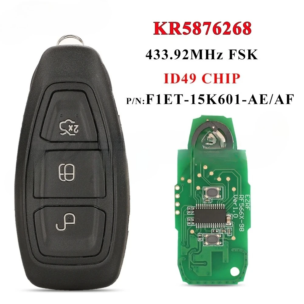 

KR5876268 Умный дистанционный ключ от автомобиля для Ford Kuga Fiesta Focus Grand C-Max 2011+ 433 МГц ID49 Keyless Go F1ET 15K601 AE/AF