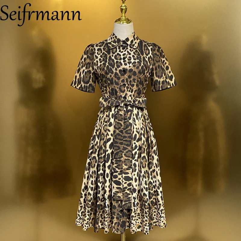 Robe chemise décontractée en coton imprimé Seifrmann, col à revers, manches courtes, taille cintrée, longueur midi, nouvelle collection été 2026 pour femme