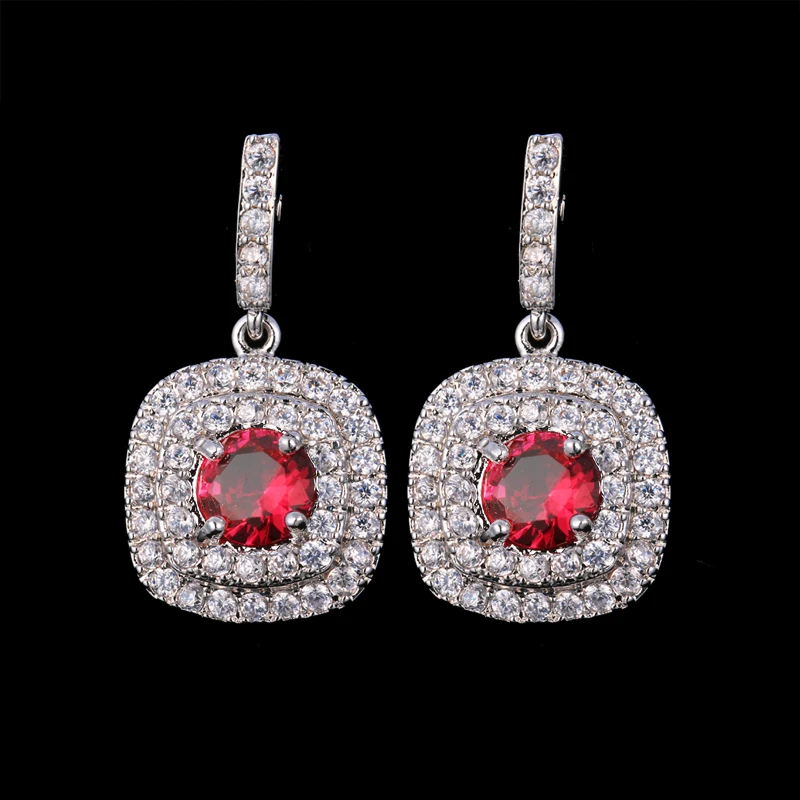 JMK Fashion Ruby Red Stone Cubic Zircon Silver Plated Stud Earrings For Women Bridal Wedding Jewelry Party Accessories Gift