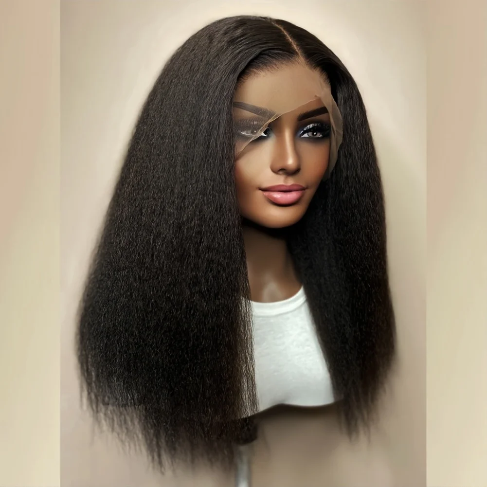 

26Inch Long Glueless Kinky Straight Yaki Natural Black Soft 13x4 Lace Front Wig For Women With Baby Hair Preplucked Daily