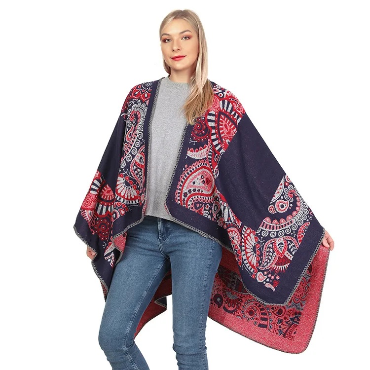 Autumn Winter Printing Double Faced Double sided Split Warm Cape Women Imitation Cashmere  Poncho Lady Capes Red Cloaks