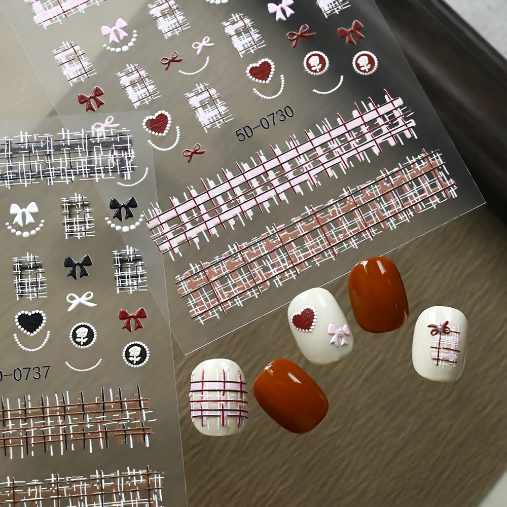 5D Black Pink Cute Checkered Love Heart Nail Stickers Vintage Lines Grid Manicure Decorations Decals Y2k Nail Adhesive Sliders