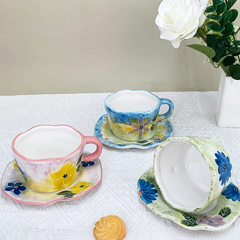 280ml European Ceramic Coffee Cup and Saucer Hand Painted Embossed Ceramic Cup English Afternoon Camellia Flower Tea Coffee Mug