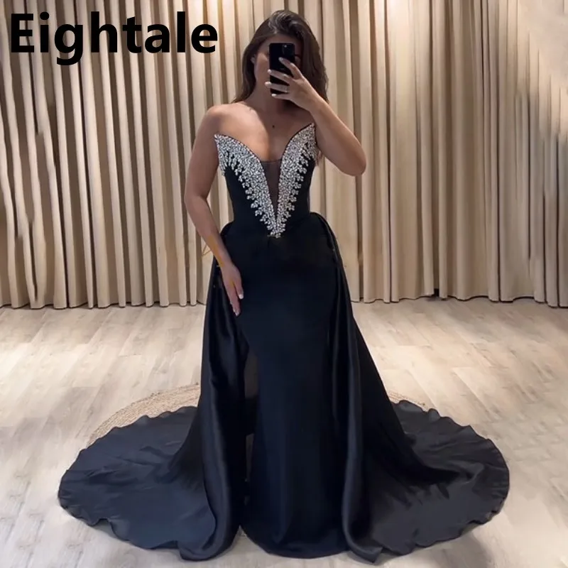 

Eightale 2024 Black Mermaid Prom Dress Overkirt Evening Dress Beaded Crystal Women Formal Party Gown Robes De Soirée Customized