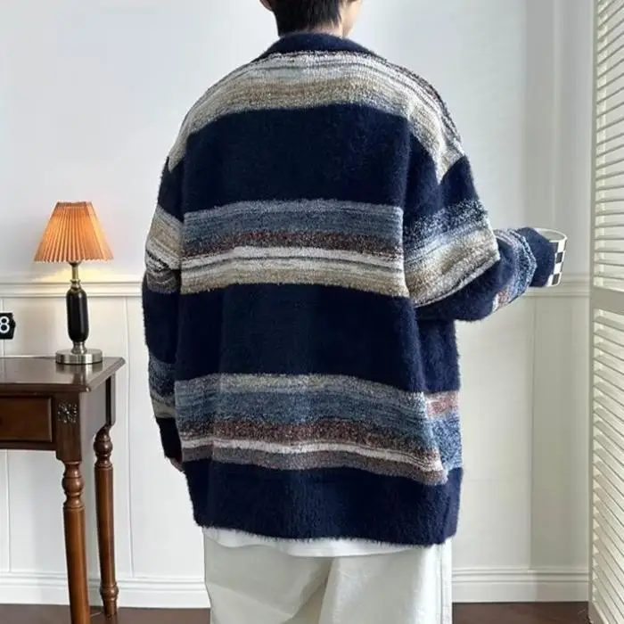 

Открытый кардиган в полоску в стиле ретро, свободный ленивый свитер для пары, вязаная верхняя одежда, осень-зима, полиэфирное волокно, V-Ne Lon...