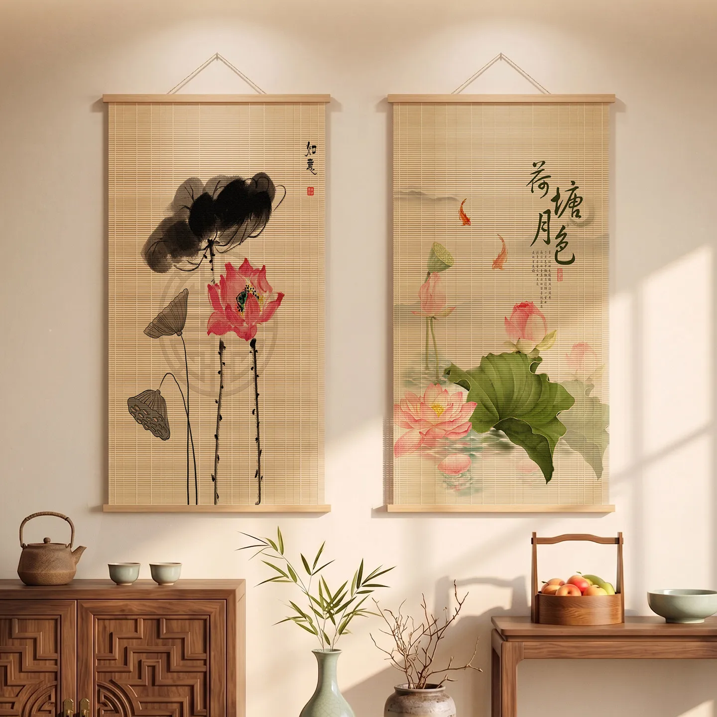 Paintings Lotus Leaf Bamboo Scroll Wall Art Zen Minimalism Calm for Izakaya Vegan Restaurant Slow Living Mindful Eating Space