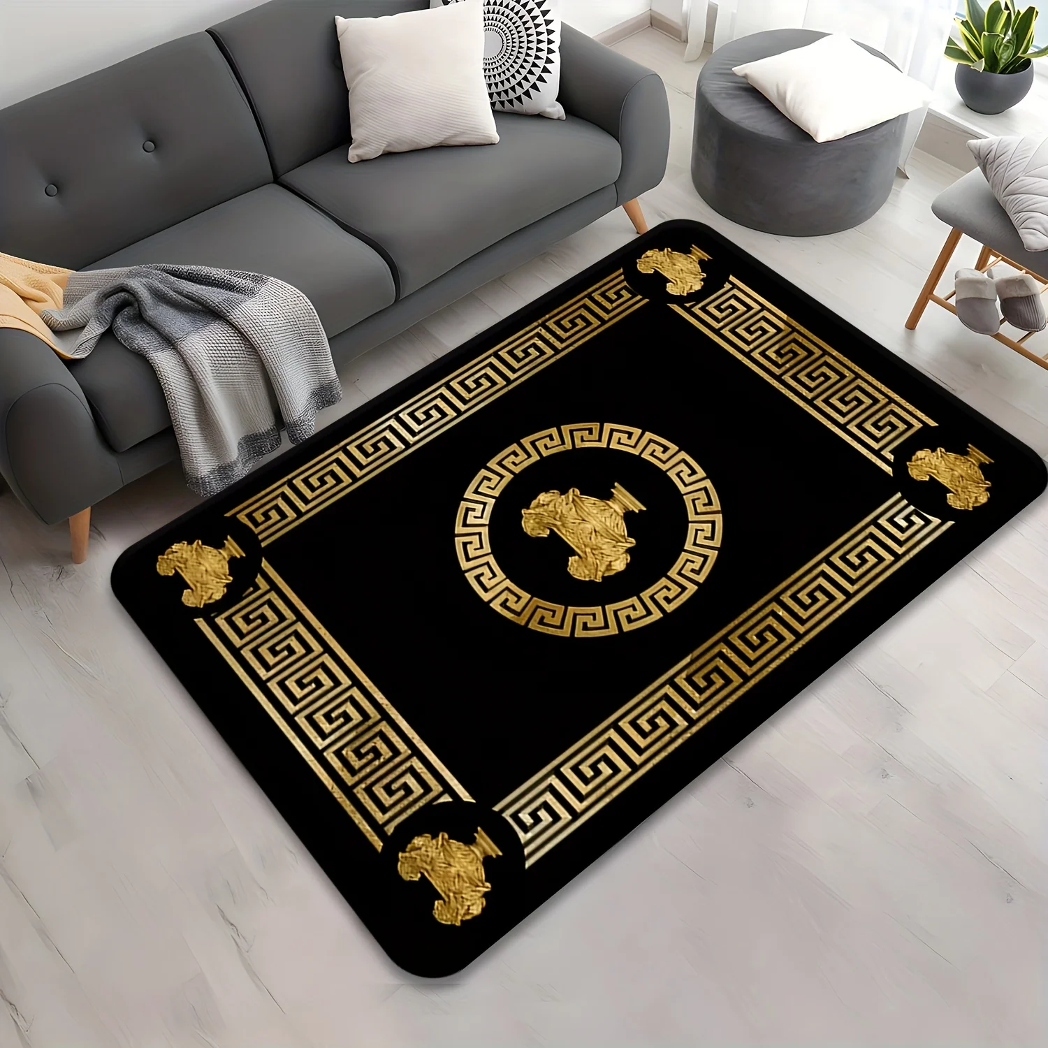 Luxury Greek Key Print Flannel Area Rug Golden Medallion Design Black Background Soft Non Slip Floor Mat For Living Room Home