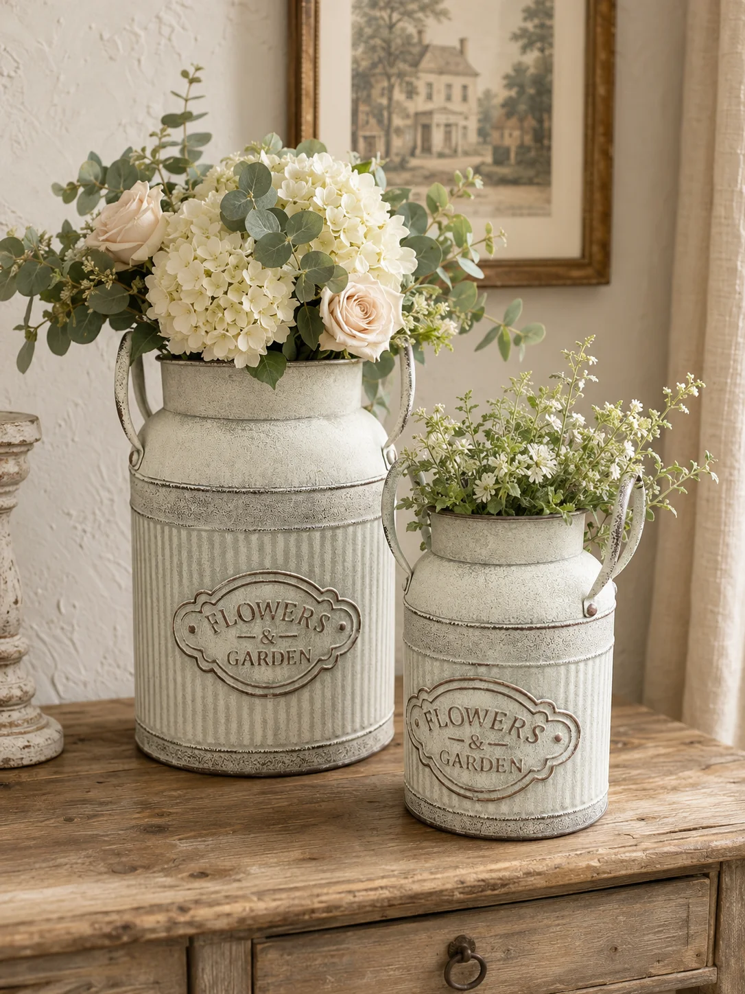 2Pcs Vintage Metal Milk Can Planter Set, Large and Small Rustic Iron Flower Vases with Handles, Distressed Farmhouse Floral Cont