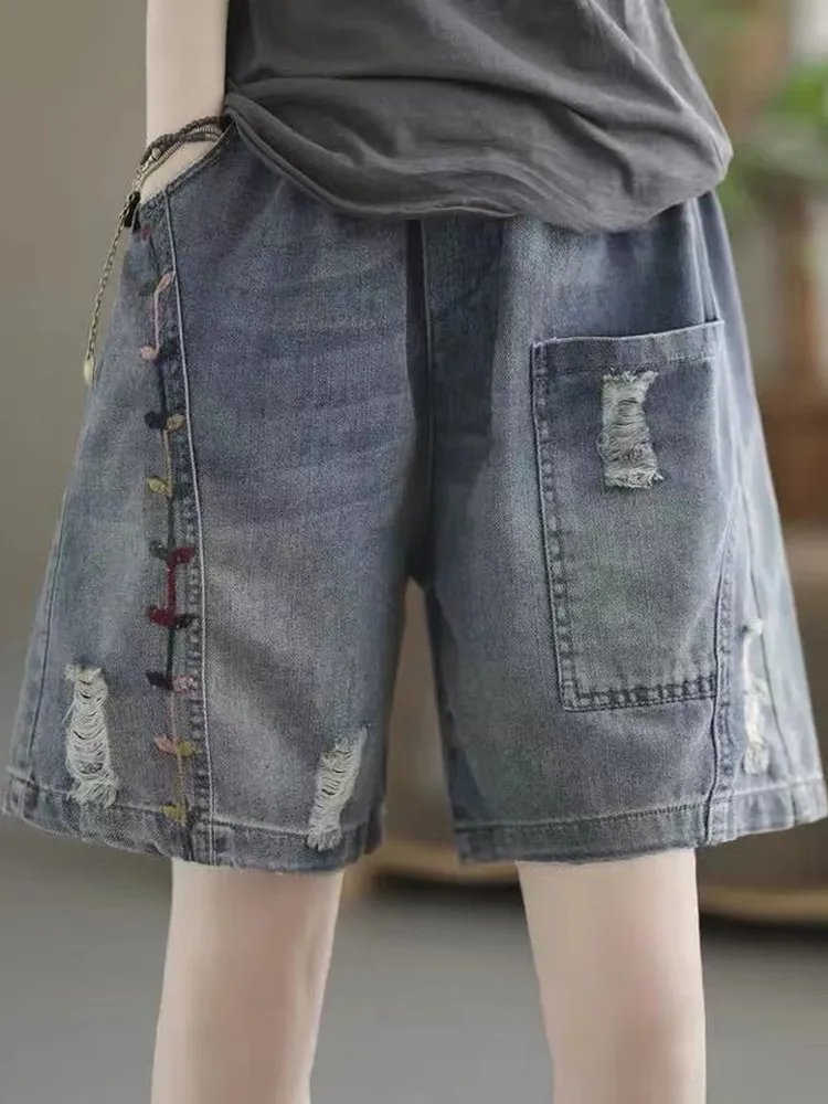 

High Waist ort Jeans Women's Slim A-Line Thin Summer New Loose Wide Leg Five-Quarter Pants Casual Faion plus Size